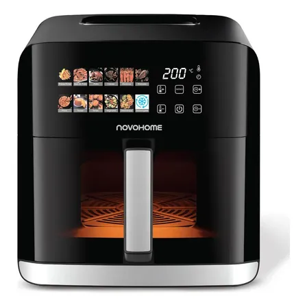 Freidora De Aire Novohome 8.5 Lts Air fryer Panel Digital Color Tactil 12 Funciones Con Ventana Visor Color Negro