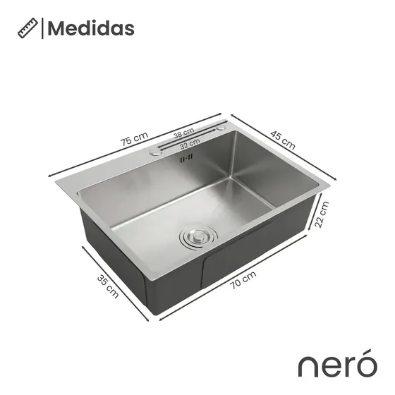 Bacha Pileta Cocina Simple Rectangular Moderna Acero Color Gris Premium Oceanic-7545 Neró