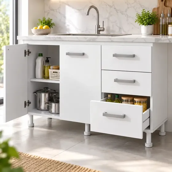 Bajo Mesada Cocina 120 Cm Melamina Blanco Bajomesada 2 Puertas 3 Cajones Linea Classic Tiradores Plasticos CCB120 Dielfe