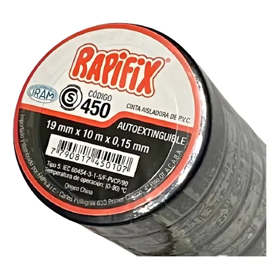Cinta Aisladora -rapifix- 19mm X 10m X 0,15mm -10 Rollos- Color Negro Liso