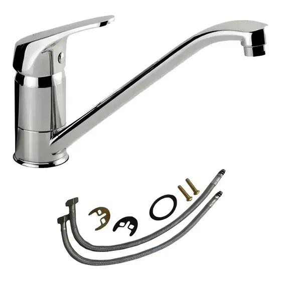 Canilla Griferia Monocomando Cocina Mesada Pico Largo Cromo Acabado Brillante Color Gris