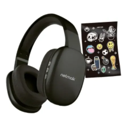 Auriculares Vincha Inalámbricos Bluetooth Netmak + Stickers Negro