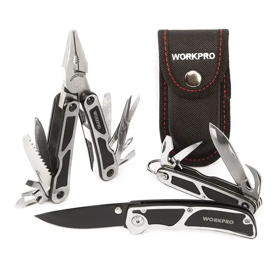 S440552391 Set de 3 Herramientas Multifuncion WORKPRO Multi Herramienta + Cuchillo Plegable + Mini Herramienta Multifuncion Acero Inoxidable Con Estuche Compacto Nylon W000316