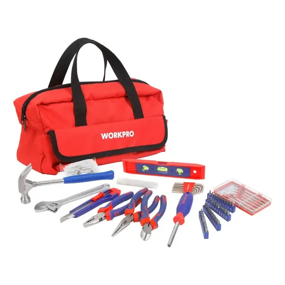 Set de Herramientas WORKPRO 166 Piezas en Bolso Nivel Martillo Pinzas Destornilladores Llave Allen Puntas PROFESIONAL WP209073