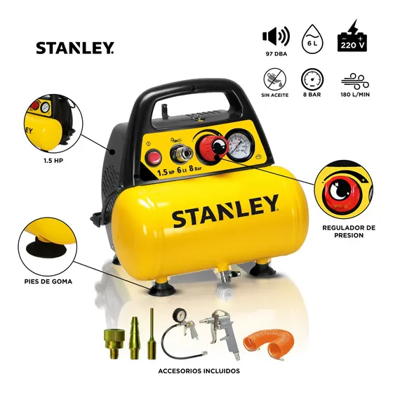 Compresor De Aire Stanley 6 Lts 1.5 Hp + Kit 6 Piezas