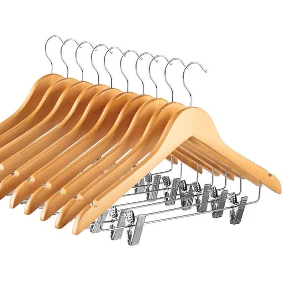 Pack X10 Perchas De Madera Lustrada Con Broches Hogar Actual