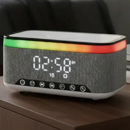 Reloj Despertador Bluetooth 5 en 1 Del Mundo Carga Inalámbrica RGB Plateado