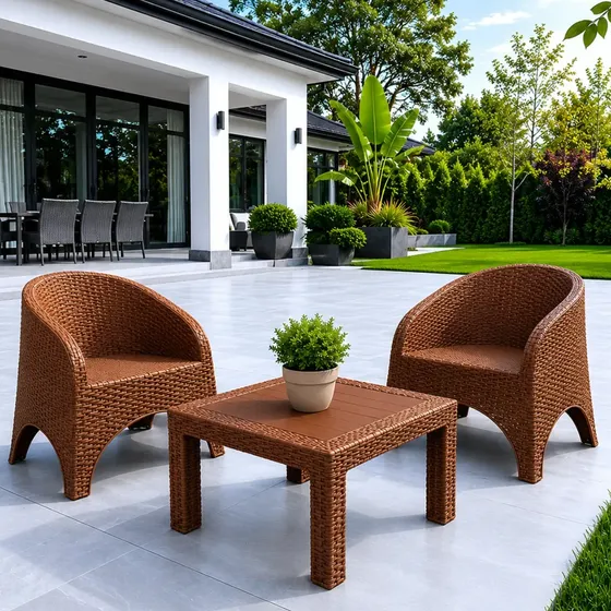 Juego De Jardin 2 Sillones Ratan + Mesa Ratona 70cm Alejo Ct Estructura Chocolate