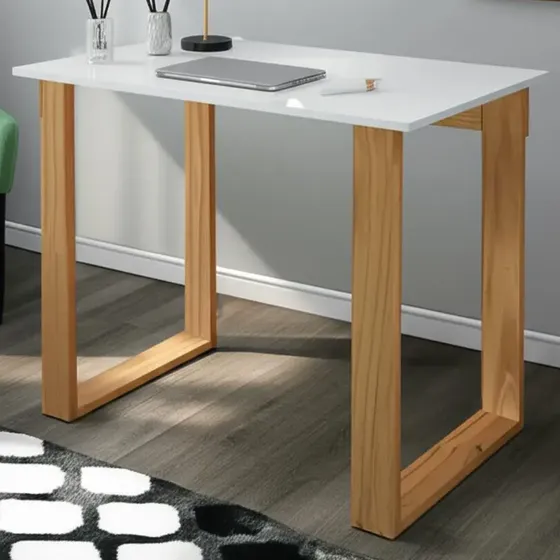 Escritorio Moderno Chico Para Oficina Con Patas Rectangulares Madera Color Roble Y Tapa Melamina Blanca