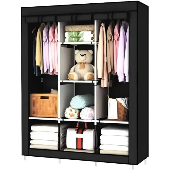 Armario Portátil Organizador Desarmable Con Perchero Y Estantes Plegable De Tela Resistente Estructura Metálica Ideal Para Guardarropa Ropa Zapatos Hogar Y Dormitorio Color Negro Levys Bazar