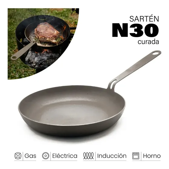 Sartén Hierro Kankay N30 Curada 100% Hierro Antiadherente Natural Lista para Usar 30cm 2,4kg 3,2mm Apta Inducción Gas Horno Parrilla Eléctrica Vitrocerámica Cocina Familiar Profesional