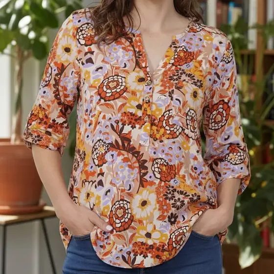 Camisola Viac Blusa Estampada  Bolsillo Botones Se Hace 3/4