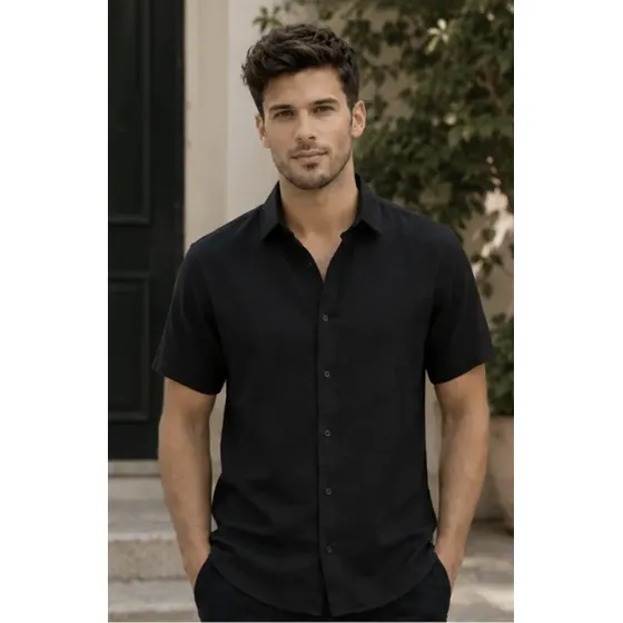 Camisa Lino Hombre Cuello Clásico Manga Corta Customs Ba