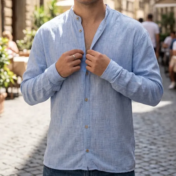 Camisa Hombre Lino Rayada Cuello Mao Terra