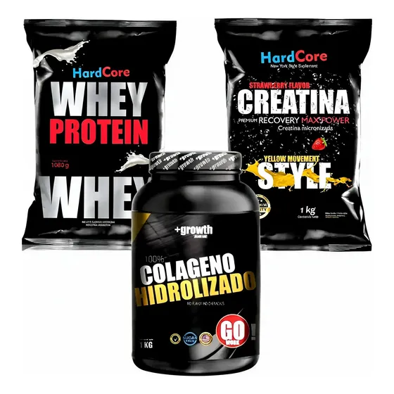1 Whey Protein + 1 Creatina Hardcore + 1 Colageno +growth