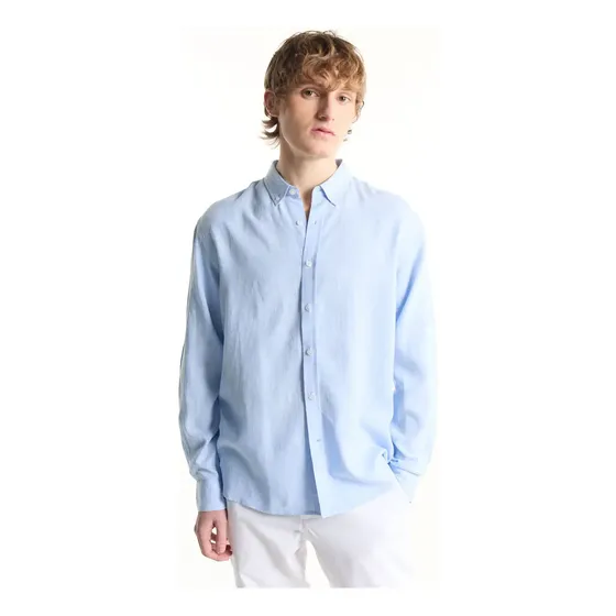 Camisa Lino Celeste Manga Larga Textura Rayas Equus Sendai