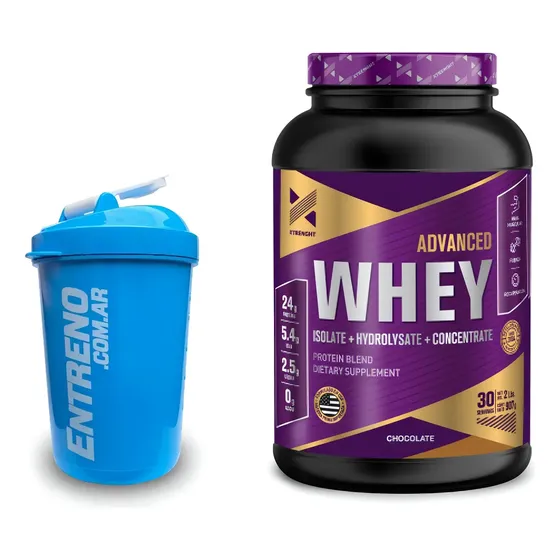 Advanced Whey Protein Xtrenght Proteína Isolada Concentrada Hidrolizada 2lb Sabor Chocolate + Shaker Batidor 600ml - Crecimiento Muscular