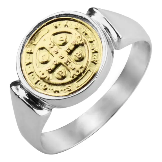 Anillo Sello Redondo San Benito Plata 925 Y Oro 18 Religioso