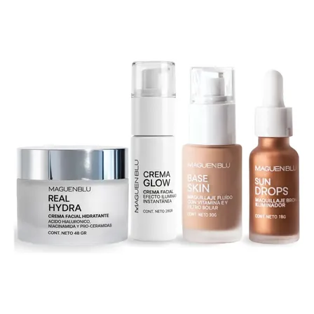 Kit Skincare Maquillaje Facial Crema Iluminadora Glow + Crema Hidratante Facial Real Hydra + Base Skin Filtro Solar + Bronzer Sun Drops