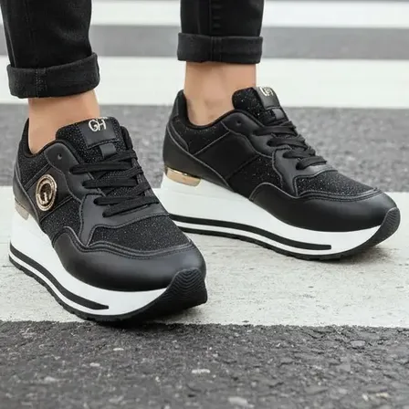 Zapatillas Sneakers Negras Taco Chino Confort Plataforma