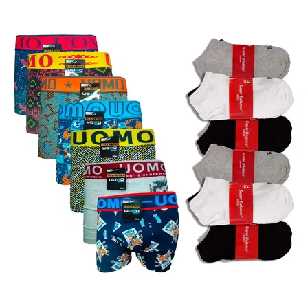 Combo Hombre 6 Boxers Algodon + 6 Pares De Medias Soquetes Surtido Xxl