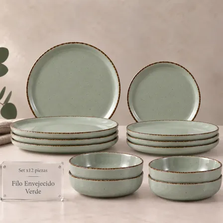 Set Vajilla 12 Piezas Plato Playo Postre Hondo Filo Envejeci