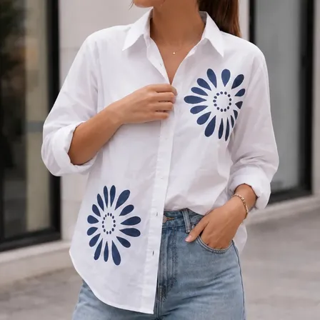 Camisa Manga Larga Mujer Bordada Flor Azul Premium Importada