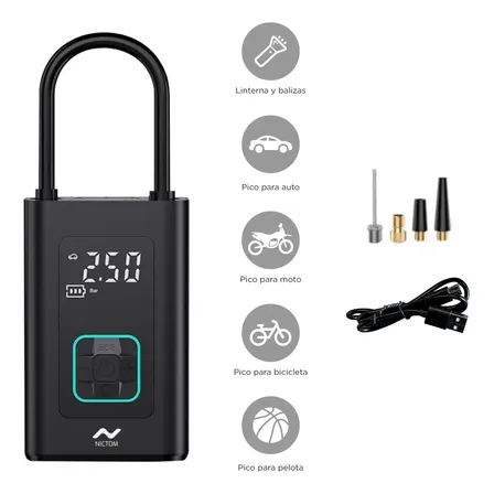 Inflador Compresor Aire Portatil Bateria Nictom Ie01 Negro