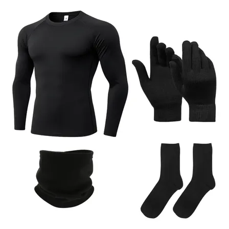 Kit Conjunto Térmico Remera + Guantes + Cuello + Medias M Negro