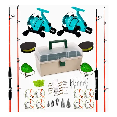 Kit Pesca Intermedio 2 Cañas + 2 Reel 3 Rule + Caja Full Aleatorio