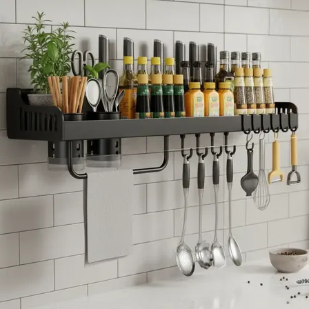 Organizador Cocina De Pared Multifunción Colgante Metálico Negro