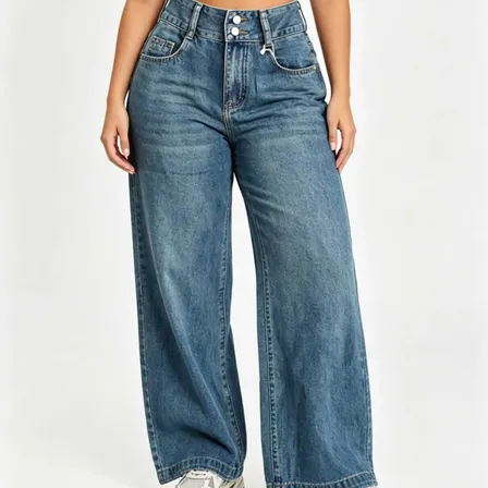 Jean Mujer Wide Leg Tiro Alto Gastado Varios Tonos Azul Azul Medio Doble Boton 28