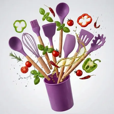Set Utensilios De Cocina Punta Silicona Mango Madera Kit X12 Violeta