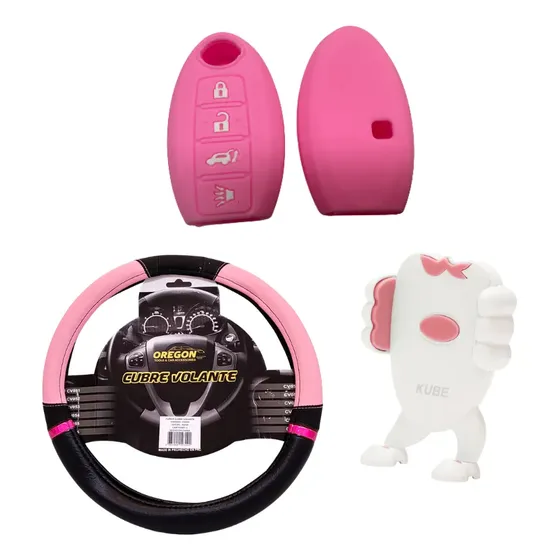 Cubre Volante + Funda Llave + Soporte Rosa Nissan 4 Bot