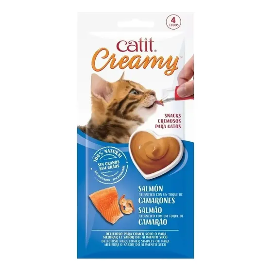 Snack Gato Catit Creamy Sabor Salmón Y Camarones 40gr caja x 4 tubos