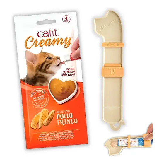 Kit Snack Catit Creamy Pollo 4 Tubos + Dispensador Gatos