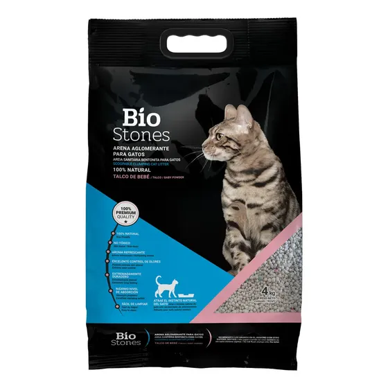 Piedras Sanitarias Para Gatos Bentonita Aglomerante Bio Stones Aroma Talco De Bebe Bolsa X 4 Kg