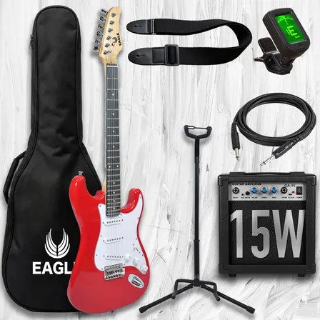 Guitarra Electrica Stratocaster Eagle Ampli 15w Portatil Pua Diestro Rojo Palo De Rosa