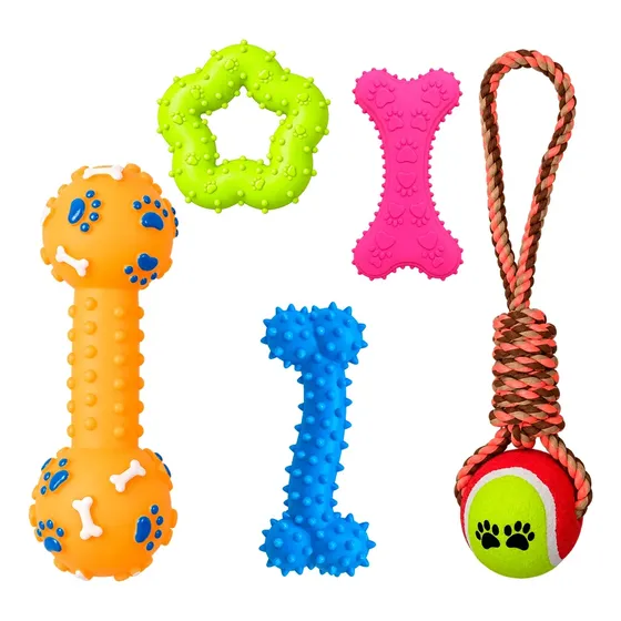 Kit X5 Juguetes Perro Soga Con Pelota Huesos Goma Y Aro
