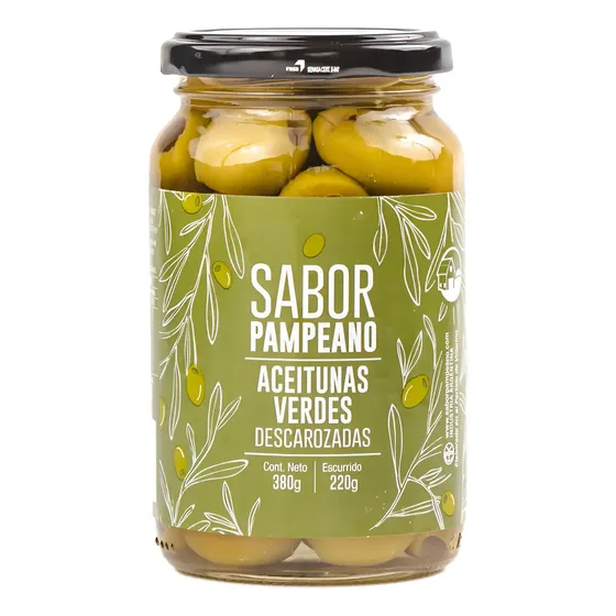 Aceitunas Verdes Descarozadas N° 00 Frasco Vidrio 380 gramos Conserva en Salmuera Sabor Pampeano