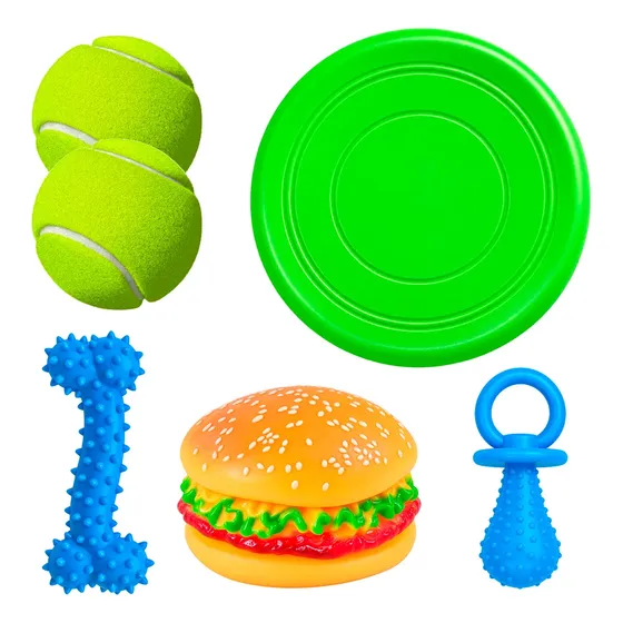 Kit X6 Juguetes Perro 2 Pelotas Tenis Frisbee Y Mordillos