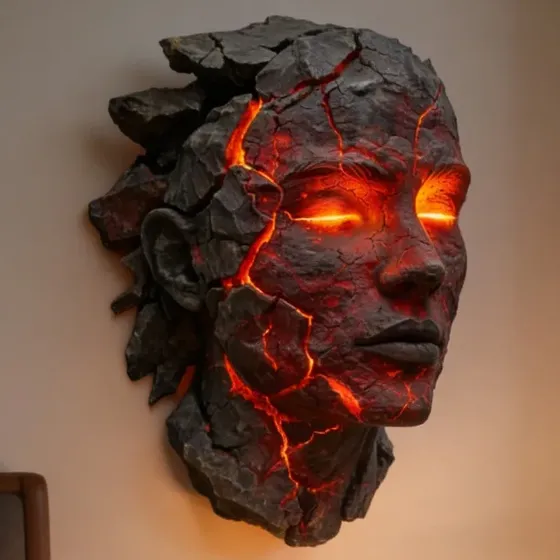 Escultura De Pared Con Efecto Agrietado Y Rostro, Luz Gótica Negro