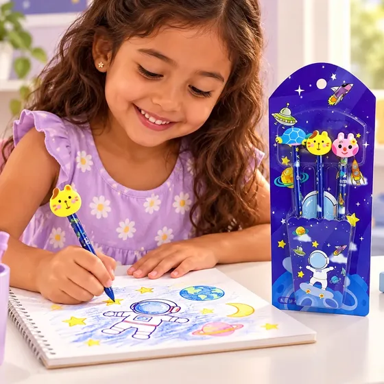 Útiles Escolares Set 3 Lápices Grafito Hb Topper Goma Animal