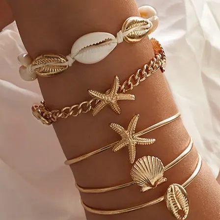 Set Pulseras Con Estrella De Mar Y Caracoles Dorado 6.5 Cm
