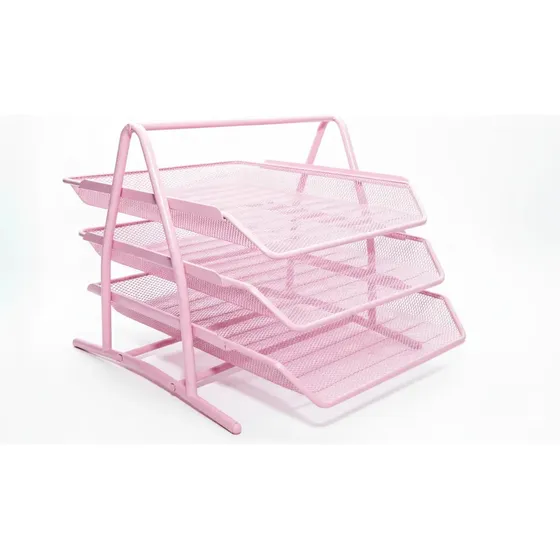 Bandeja Papelera Organizador Escritorio 3estantes Metal Mesh Rosa