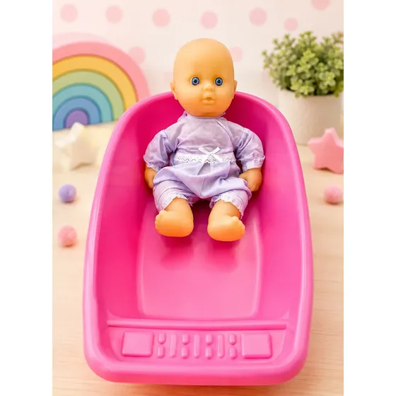 Bebe Muñeco Bebote Con Bañera Juguete Baño Infantil Sc Rosa (bañera) / Piel Muñeco / Ropa Lila