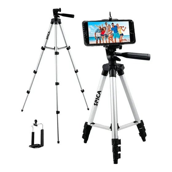 Tripode Para Camara Celular SPICA TRI-01 Fotografia Plegable Aluminio Nivelador Burbuja Color Plateado