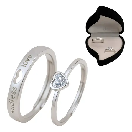 Set X2 Anillos Cintillos Doble Alianza Corazon Y Estuche Plateado Ajustable