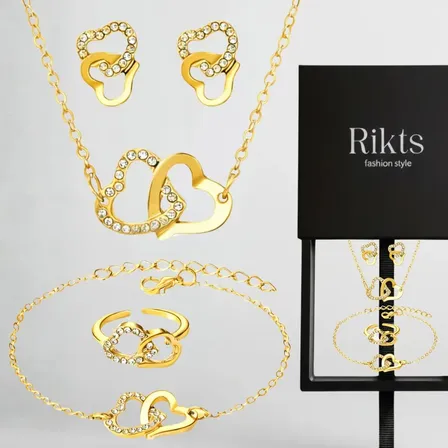 Set X4 Collar Pulsera Anillo Aros Corazones Unidos Dorado Presentación Estuche Deluxe