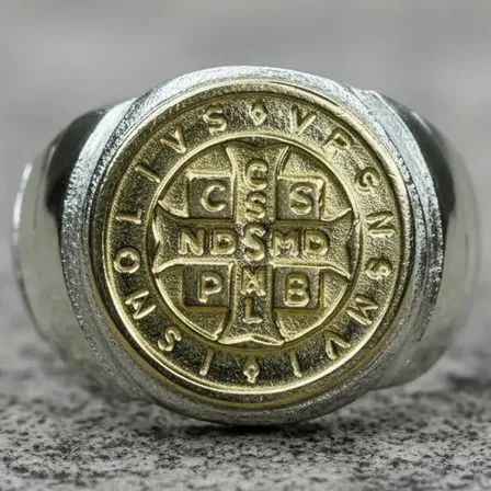 Anillo San Benito Medalla Plata 925 Y Oro Unisex Redondo M2 Plateado 18
